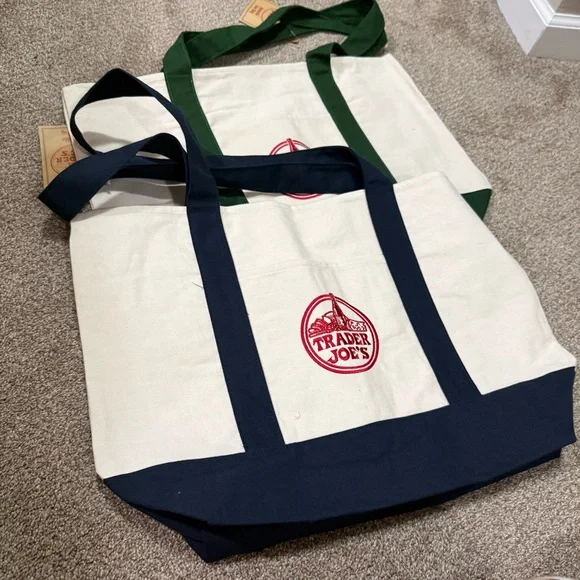 2 Trader Joe’s canvas tote bag, blue and green new with tags - Picture 2 of 6